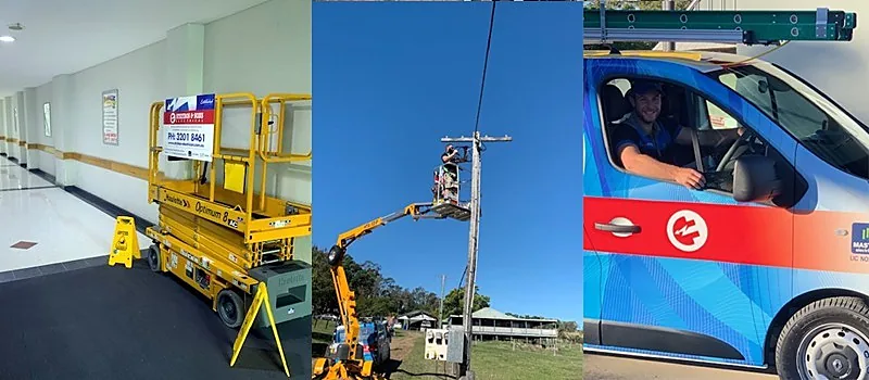 Strybos commercial work: a scissor lift in a hallway, a cherry picker at a light pole and a technician in a service van